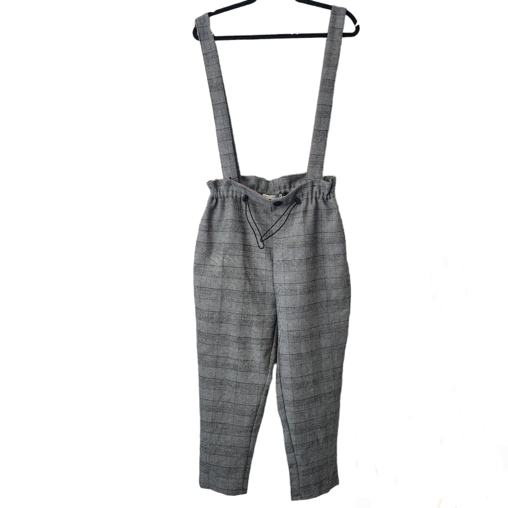Color Thread Black Red and White Plaid Suspender Pants